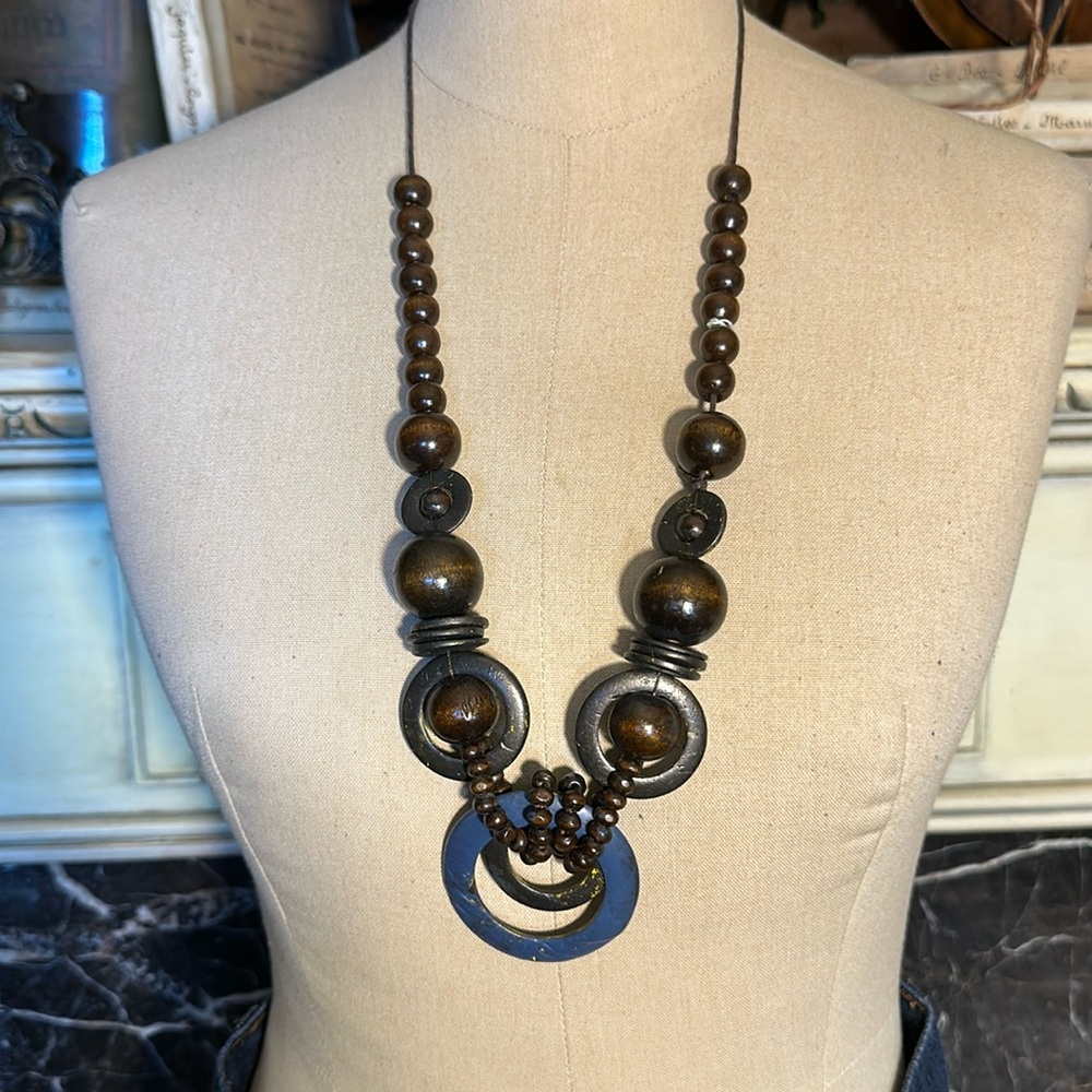 Boho vintage wooden bead hand tied necklace